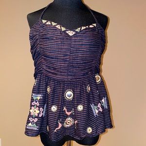 Free People Halter Tie-Neck Embroidered Top Size L